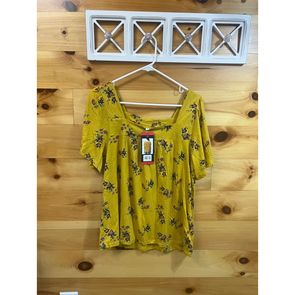 Lucky Brand Womens Yellow Floral Square Neck Puff Sleeve Top Blouse M NEW